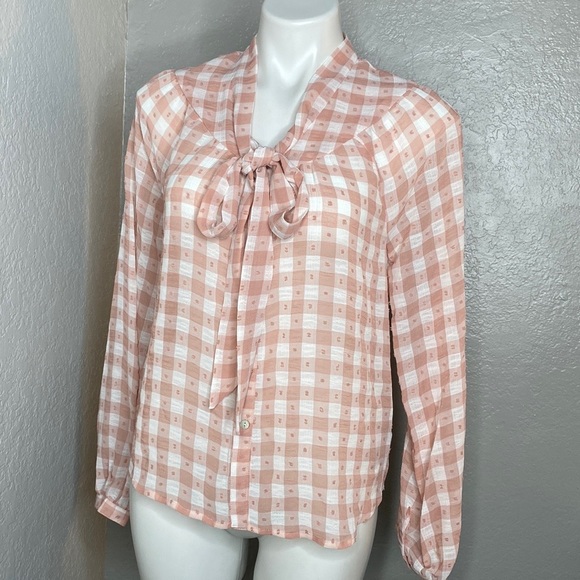 Nanette Lepore Tops - Womens Nanette Lepore Long Sleeve Dobby Gingham Tie Neck Blouse. XS